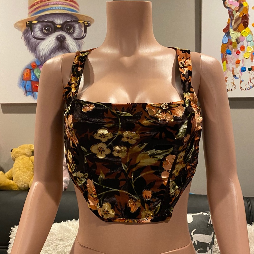 Floral black velvet corset top with boning